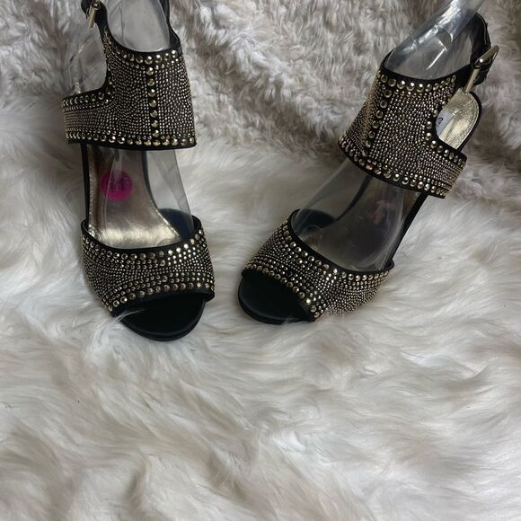 Steve Madden black satin fabric& gold tone studded ankle strap sandals SZ11 - Picture 4 of 13